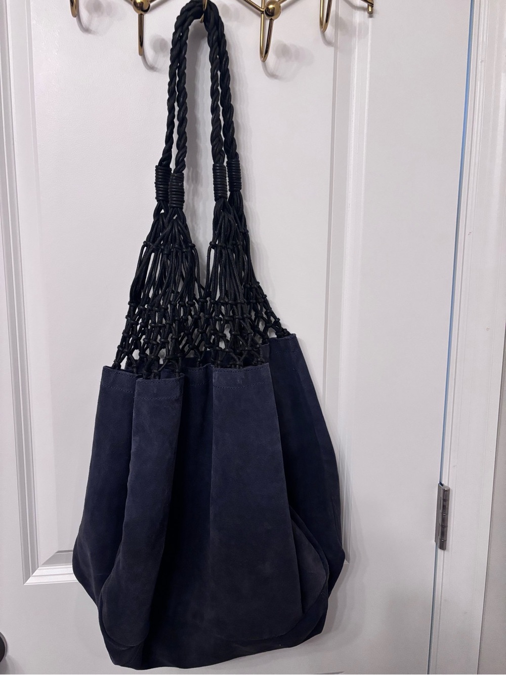 Navy Suede Mesh-Top Tote Bag